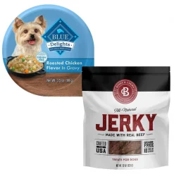 Blue Buffalo||Bones & Chews Blue Buffalo Divine Delights Roasted Chicken Flavor Hearty Gravy Food Trays + Bones & Chews All Natural Grain-Free Jerky Made with Real Beef Dog Treats