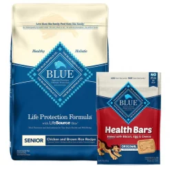 Blue Buffalo Life Protection Formula Senior Chicken & Brown Rice Recipe Dry Food + Health Bars Baked with Bacon, Egg & Cheese Dog Treats