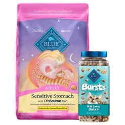 Blue Buffalo Sensitive Stomach Chicken Recipe Adult Dry Food + Bursts With Savory Seafood Cat Treats