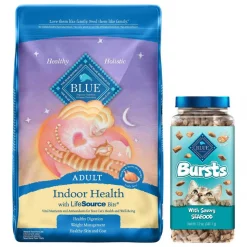 Blue Buffalo Indoor Health Chicken & Brown Rice Recipe Adult Dry Food + Bursts With Savory Seafood Cat Treats