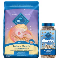 Blue Buffalo Indoor Health Chicken & Brown Rice Recipe Adult Dry Food + Bursts With Paw-Licken Chicken Cat Treats