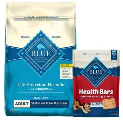 Blue Buffalo Life Protection Formula Small Bite Adult Chicken & Brown Rice Recipe Dry Dog Food, 30-lb bag + Blue Buffalo Health Bars Baked with Bacon, Egg & Cheese Dog Treats, 16-oz bag