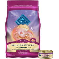 Blue Buffalo Indoor Hairball Control Chicken & Brown Rice Recipe Dry Food + Freedom Indoor Mature Chicken Recipe Canned Cat Food