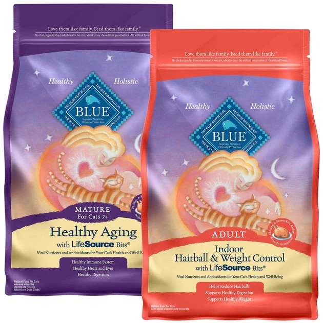 Blue Buffalo Healthy Aging Chicken & Brown Rice Recipe + Indoor Hairball & Weight Control Chicken & Brown Rice Recipe Dry Cat Food 1 Blue Buffalo Healthy Aging Chicken & Brown Rice Recipe + Indoor Hairball & Weight Control Chicken & Brown Rice Recipe Dry Cat Food