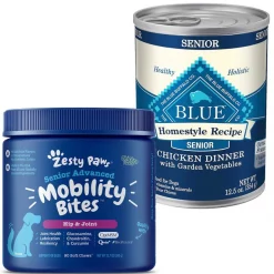 Zesty Paws||Blue Buffalo Zesty Paws Advanced Mobility Chicken Flavored Chews Joint Supplement + Blue Buffalo Homestyle Recipe Chicken Dinner with Garden Vegetables Canned Food for Senior Dogs