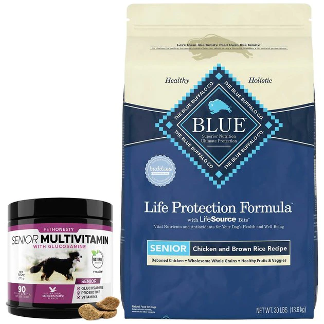 PetHonesty||Blue Buffalo PetHonesty Duck Flavored Soft Chews Multivitamin for Senior Dogs + Blue Buffalo Life Protection Formula Senior Chicken & Brown Rice Recipe Dry Food 1 PetHonesty||Blue Buffalo PetHonesty Duck Flavored Soft Chews Multivitamin for Senior Dogs + Blue Buffalo Life Protection Formula Senior Chicken & Brown Rice Recipe Dry Food