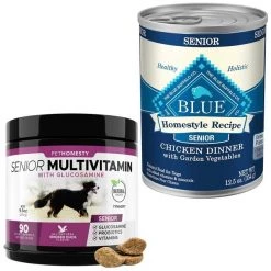 PetHonesty||Blue Buffalo PetHonesty Duck Flavored Soft Chews Multivitamin for Senior Dogs + Blue Buffalo Homestyle Recipe Senior Chicken Dinner with Garden Vegetables Canned Food