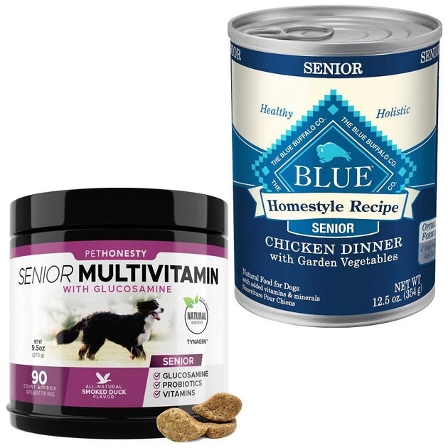 PetHonesty||Blue Buffalo PetHonesty Duck Flavored Soft Chews Multivitamin for Senior Dogs + Blue Buffalo Homestyle Recipe Senior Chicken Dinner with Garden Vegetables Canned Food 1 PetHonesty||Blue Buffalo PetHonesty Duck Flavored Soft Chews Multivitamin for Senior Dogs + Blue Buffalo Homestyle Recipe Senior Chicken Dinner with Garden Vegetables Canned Food