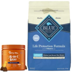 Zesty Paws||Blue Buffalo Zesty Paws Core Elements 8-in-1 Peanut Butter Flavored Chews Multivitamin for Dogs + Blue Buffalo Life Protection Formula Adult Chicken & Brown Rice Recipe Dry Food