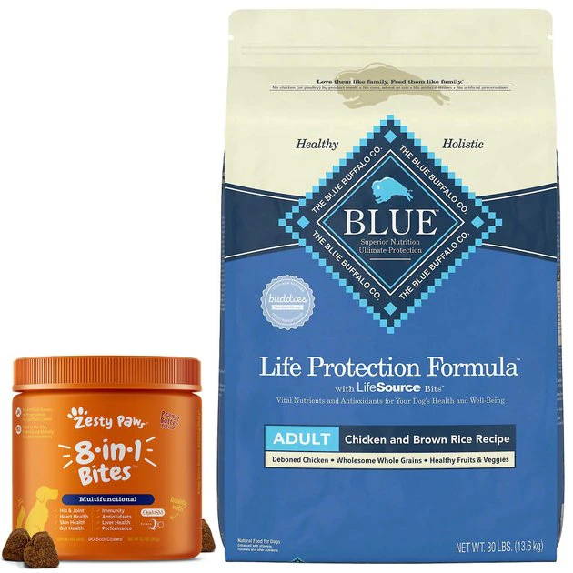 Zesty Paws||Blue Buffalo Zesty Paws Core Elements 8-in-1 Peanut Butter Flavored Chews Multivitamin for Dogs + Blue Buffalo Life Protection Formula Adult Chicken & Brown Rice Recipe Dry Food 1 Zesty Paws||Blue Buffalo Zesty Paws Core Elements 8-in-1 Peanut Butter Flavored Chews Multivitamin for Dogs + Blue Buffalo Life Protection Formula Adult Chicken & Brown Rice Recipe Dry Food