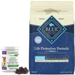 YuMOVE||Blue Buffalo YuMOVE Joint Health Hickory Flavor Large & Giant Breed Soft Chew Dog Supplement + Blue Buffalo Life Protection Formula Senior Chicken & Brown Rice Recipe Dry Food